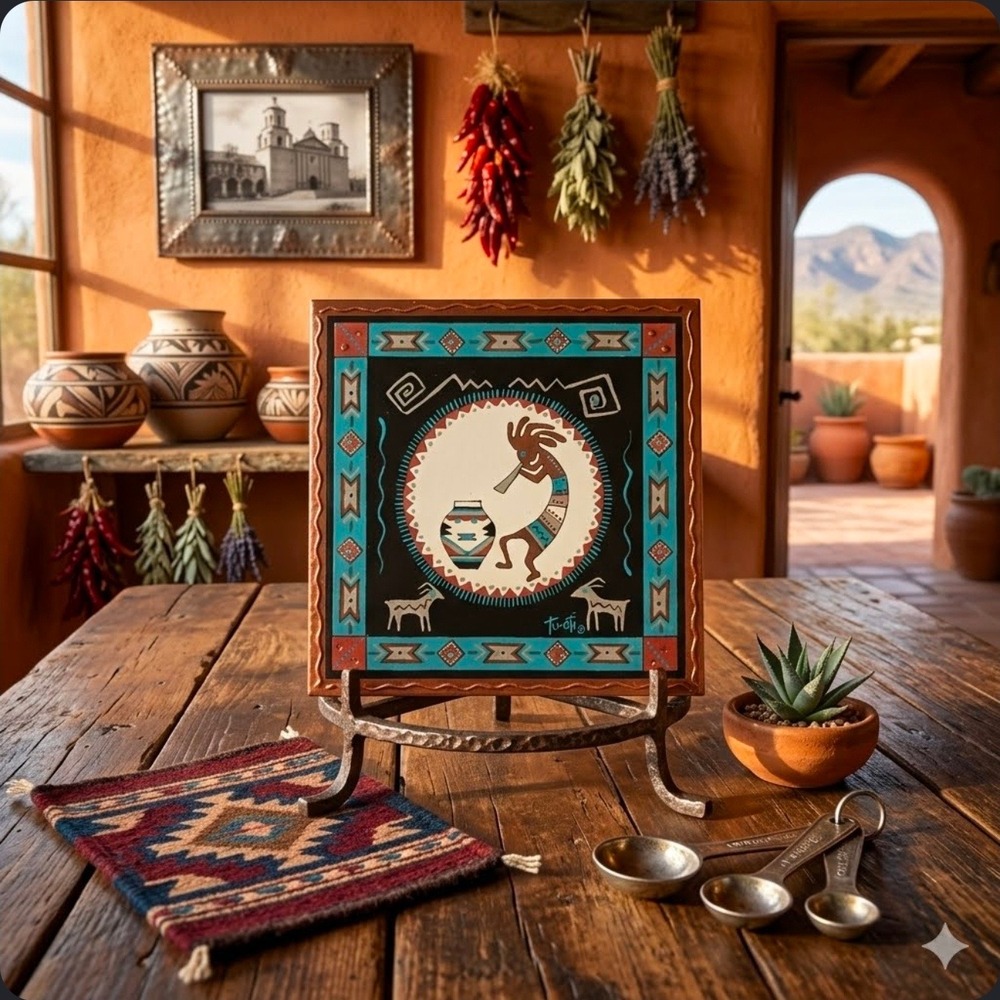 Vintage Southwestern Kokopelli Art Tile Trivet, Ceramic Pueblo Decor